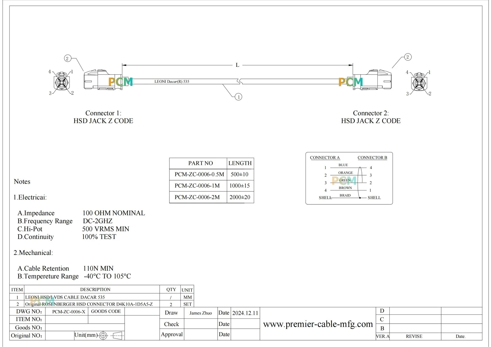 ZCL016-006-X HSD4PIN 05M 1M 2M-00 ZCL016-006-X HSD4PIN 05M 1M 2M-00